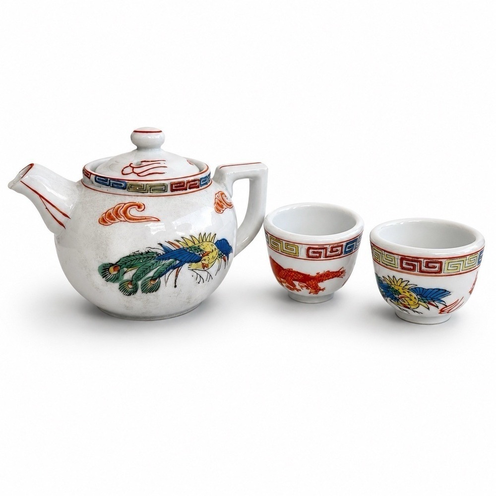 Vintage 1950s FS Louie Berkeley Dragon Peacock Porcelain Restaurant Tea Set Cups